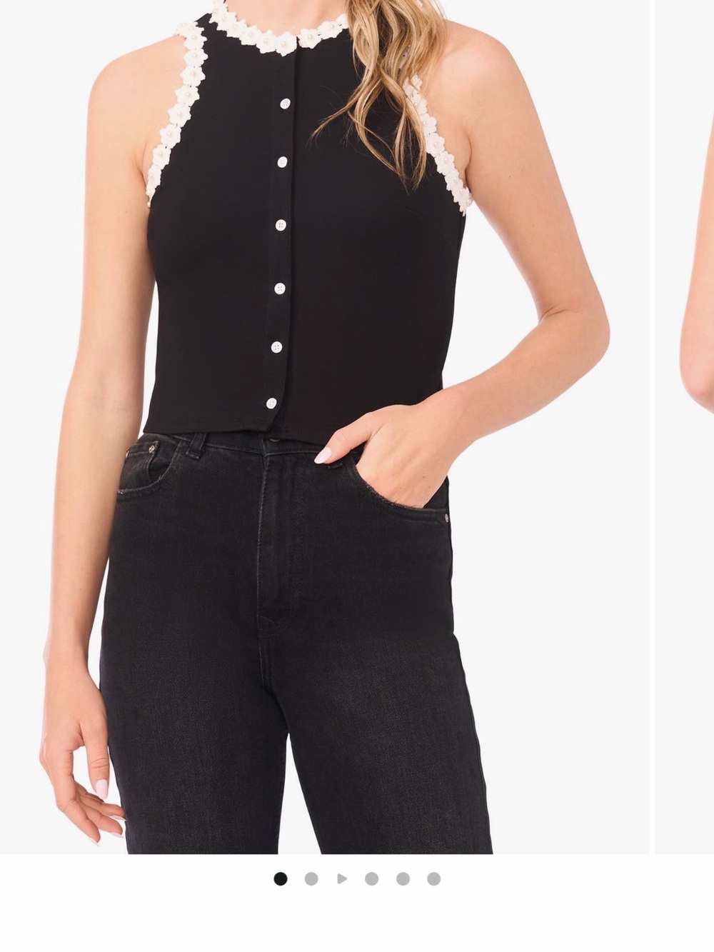 Cece SOLD OUT Black Lace-Trim Crop Button Tank Top